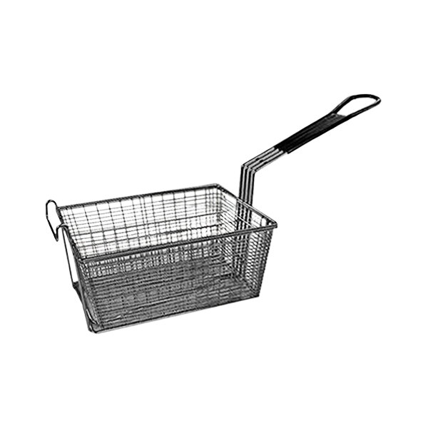 A black wire fryer basket with a coated handle.