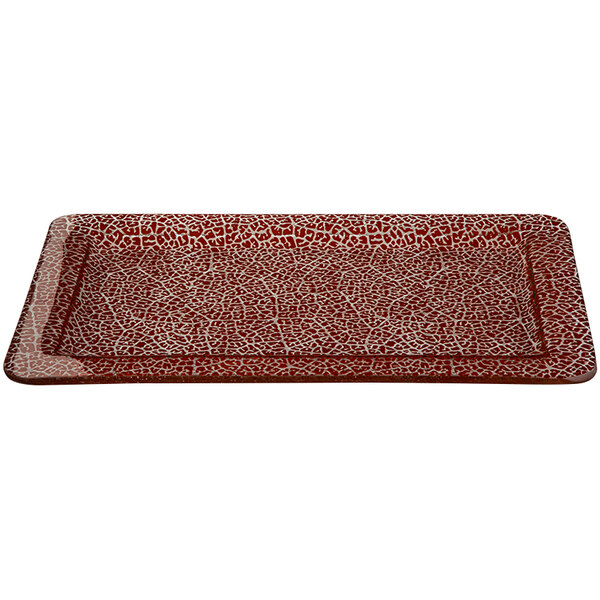 A Rosseto rectangular red glass platter with a patterned surface.