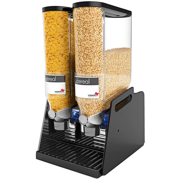 A black Rosseto double dry food dispenser with cereal in it.