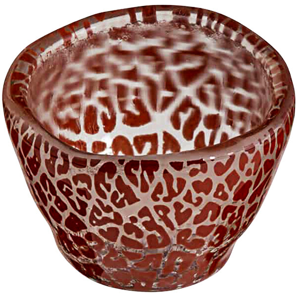 A close up of a red Rosseto Kalderon glass bowl with a white background.
