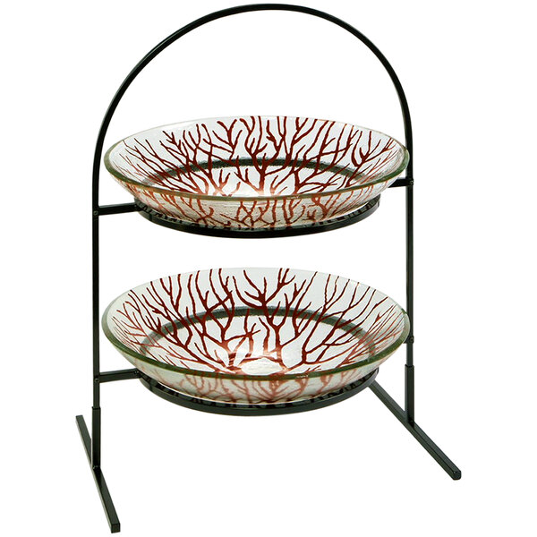 A Rosseto Kalderon 2 Level Round Display Stand with glass bowls filled with red branches.