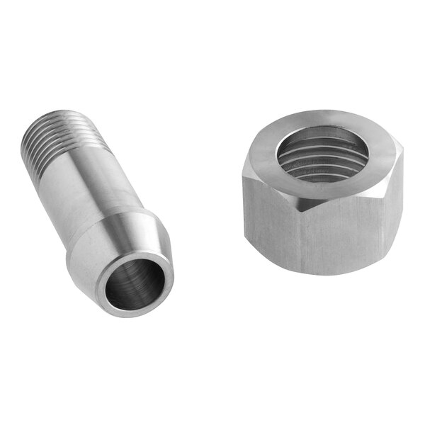 Two stainless steel nuts on a white background.