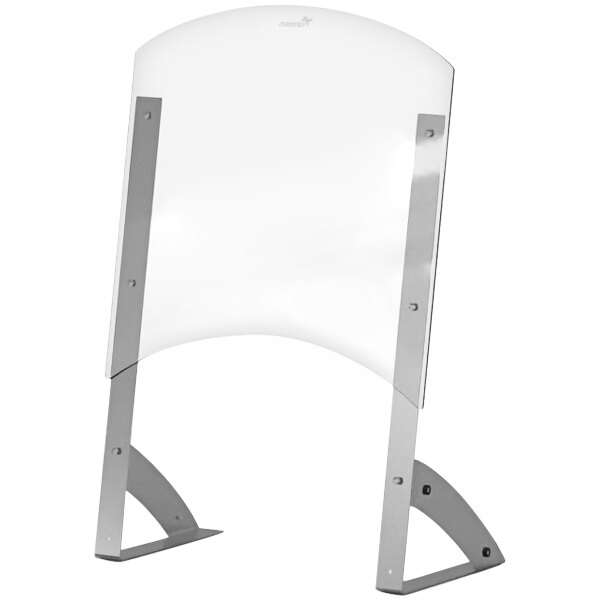 A clear plastic shield with metal legs.