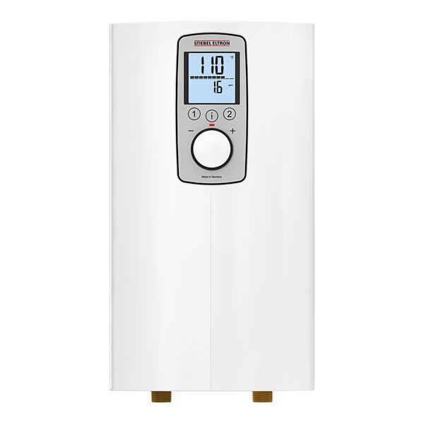 A white rectangular Stiebel Eltron tankless water heater with buttons and a digital display.
