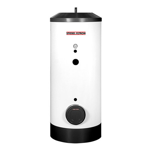A white rectangular Stiebel Eltron water heater tank with black accents.