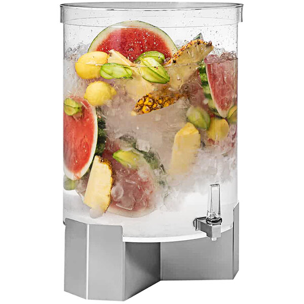 A Rosseto clear plastic beverage dispenser with fruit in it.