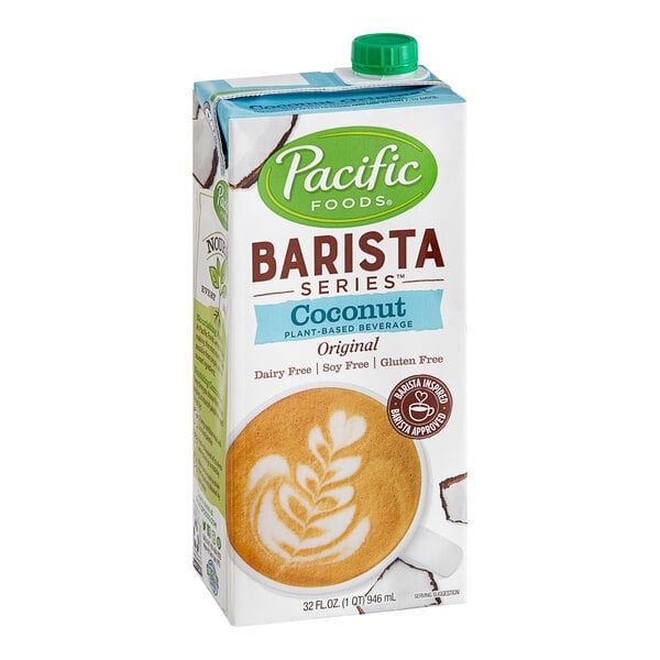 A case of 12 cartons of Pacific Foods Barista Series Coconut Milk with a picture of a latte on the carton.