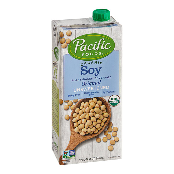 A case of 12 cartons of Pacific Foods Organic Unsweetened Soy Milk.