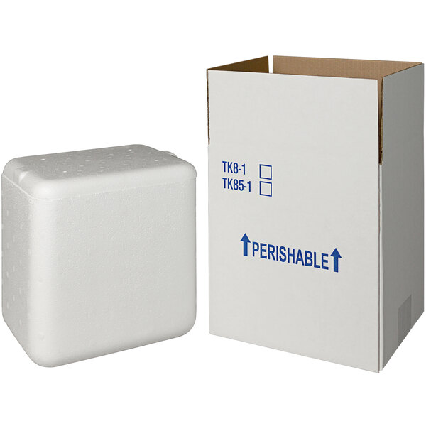 A white insulated shipping box with blue foam.