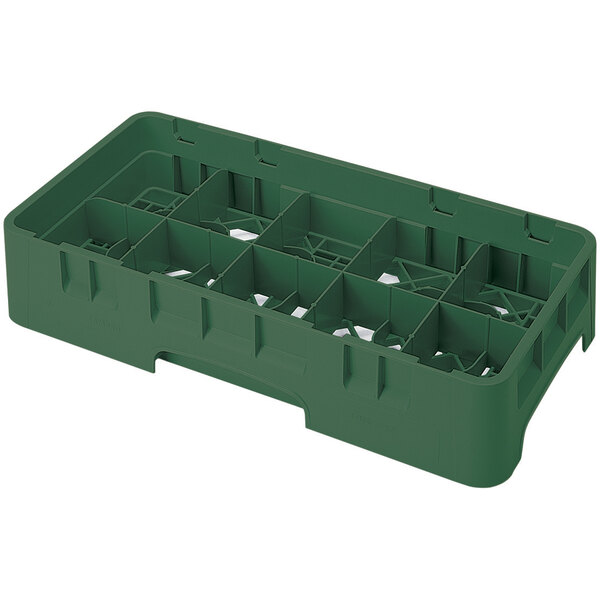 A green Cambro plastic container with 10 compartments and 5 extenders with holes.
