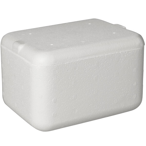 A white styrofoam container with a lid.