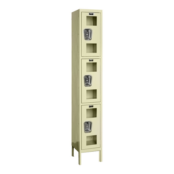 A tall beige Hallowell Safety-View 3-tier locker with silver doors.