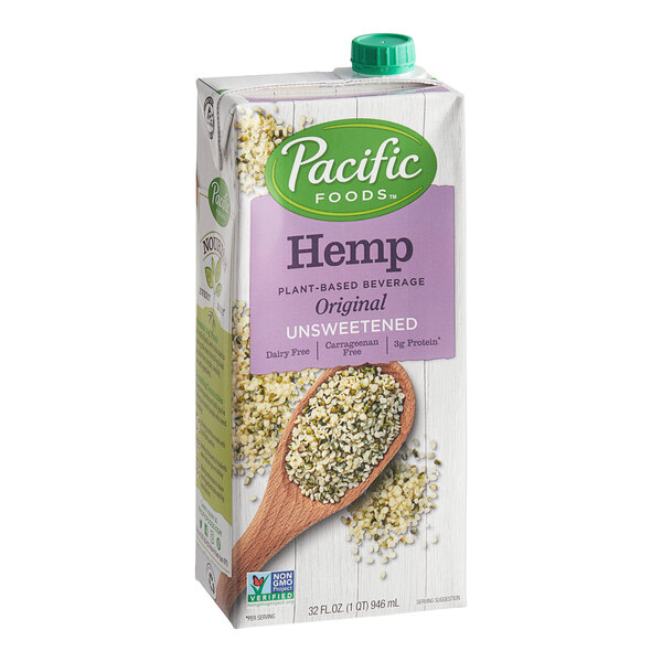A carton of Pacific Foods Unsweetened Organic Hemp Milk.
