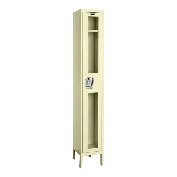 A tan metal Hallowell single tier wardrobe locker with a glass door.