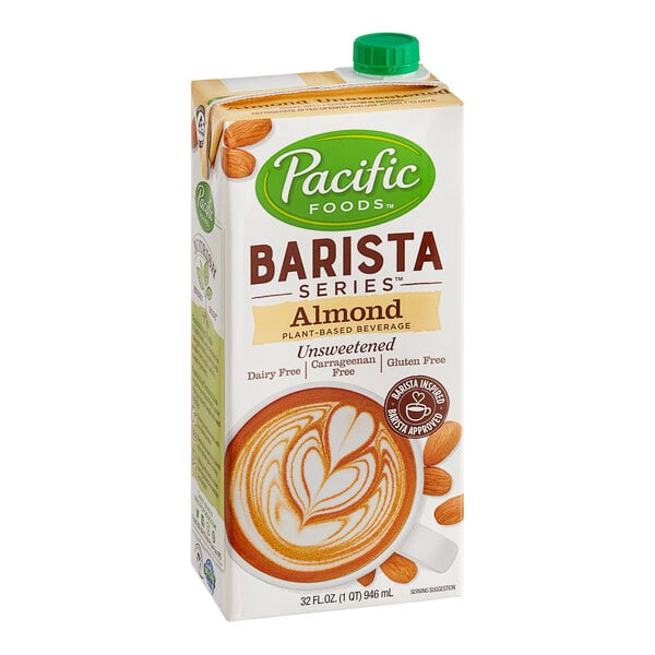 A case of 12 white and green cartons of Pacific Foods Barista Series Unsweetened Almond Milk.