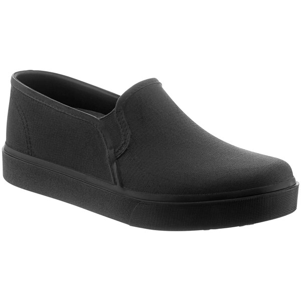 A black Klogs slip-on shoe with a rubber sole.