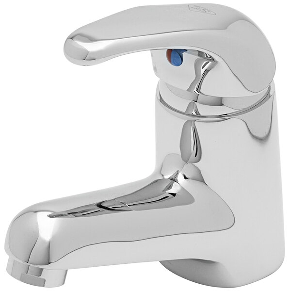 A chrome T&S single lever faucet with a blue button.