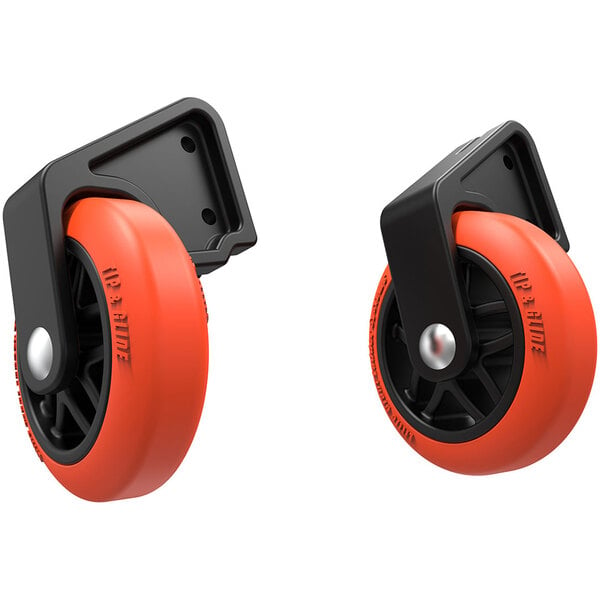 A pair of orange and black Little Giant Tip and Glide wheels with black rubber.
