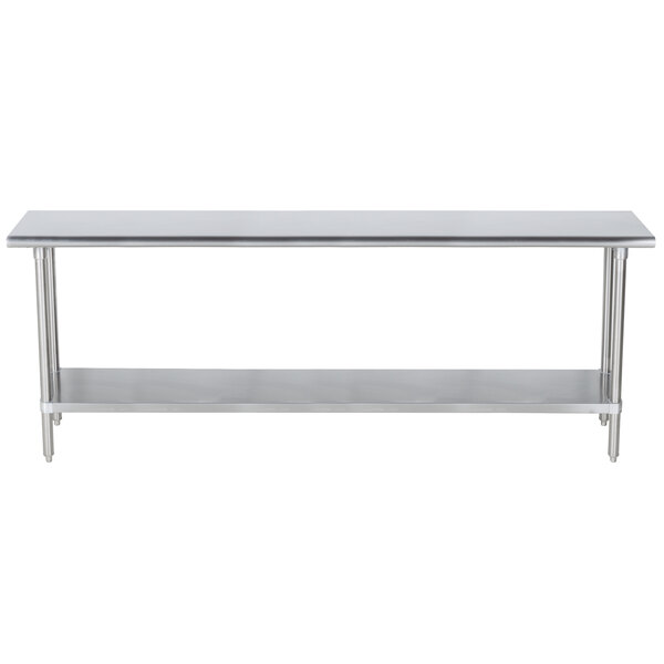 A long silver stainless steel Advance Tabco work table with a stainless steel shelf.