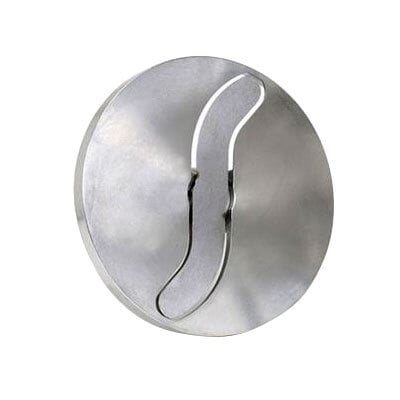 A stainless steel round Globe XASP adjustable slicing plate with a curved design.