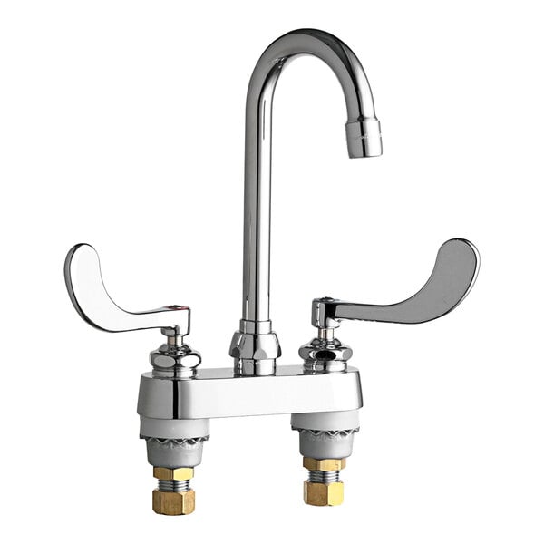 A chrome Chicago Faucets deck-mounted faucet with two handles.