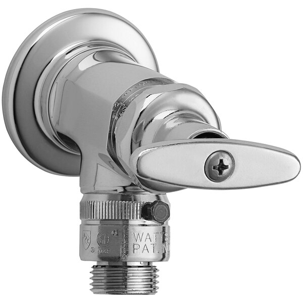 A Chicago Faucets chrome plated inside sill fitting with a metal handle.