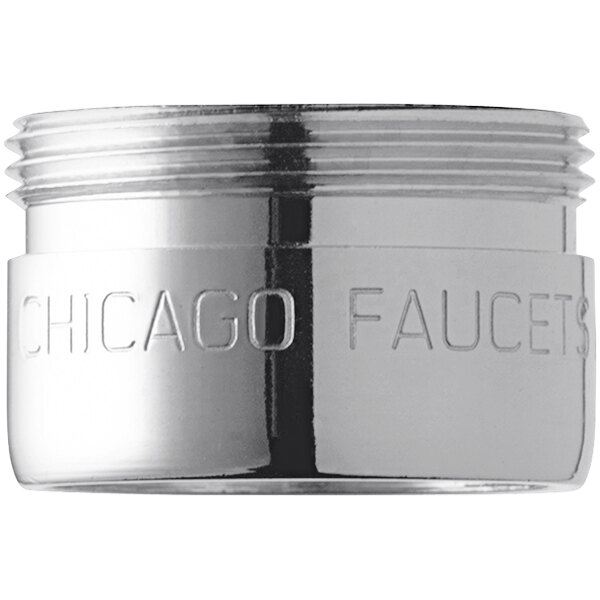 A close-up of a silver Chicago Faucet aerator.