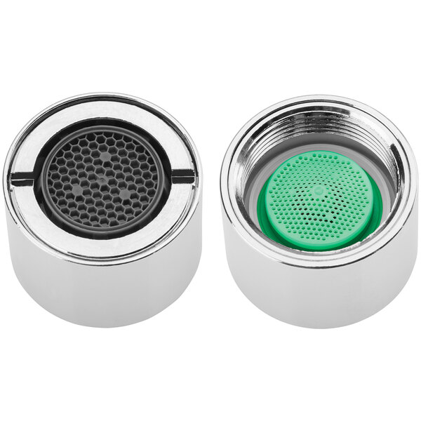 A close-up of two Chicago Faucets chrome and green water faucet aerators.