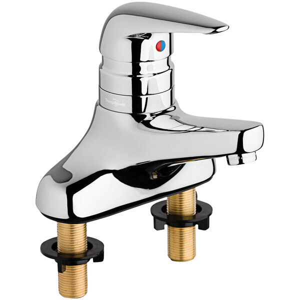 A silver Chicago Faucets deck-mounted faucet with a black base.
