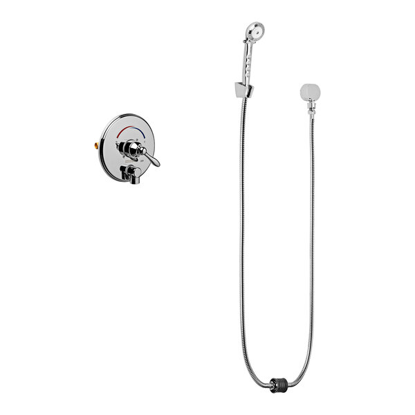 A Chicago Faucets thermostatic and pressure balancing shower fitting with shower head and hose.