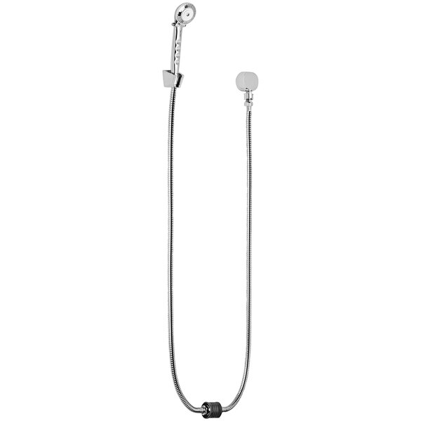 A silver Chicago Faucets wall-mounted shower hand spray with a round silver drain.
