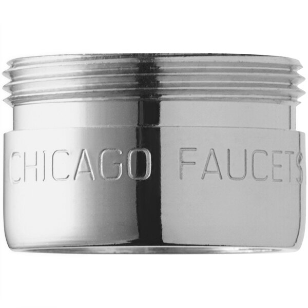 A Chicago Faucets silver and chrome pressure compensating laminar flow outlet with male threads.