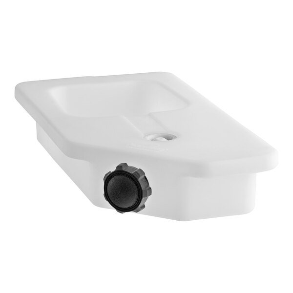A white plastic container with a black knob.