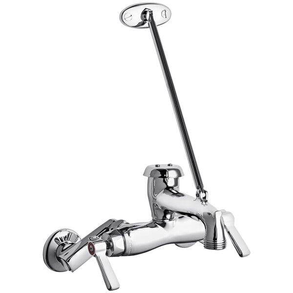A Chicago Faucets chrome wall-mounted mop sink faucet with a handle and a rigid spout.