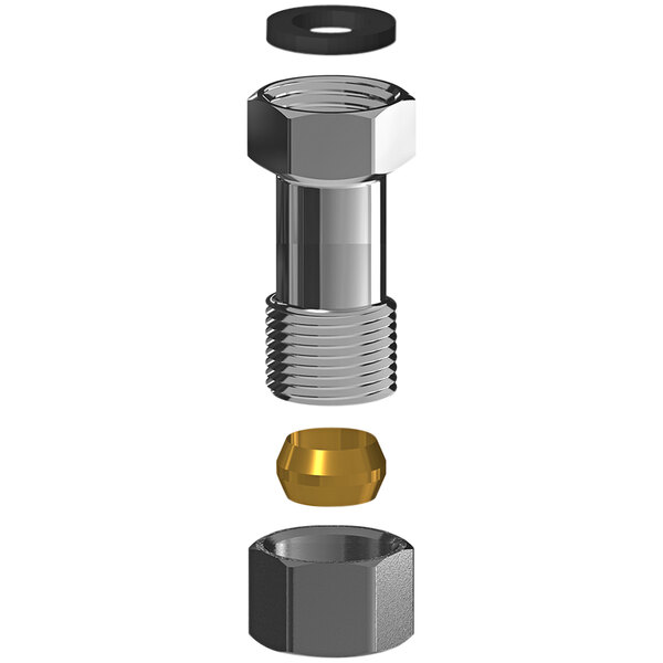 A Chicago Faucets check valve with a brass and stainless steel nut.