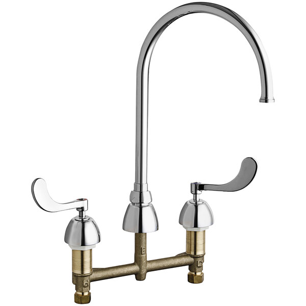 A chrome Chicago Faucets deck-mounted faucet with 8" centers and two handles.