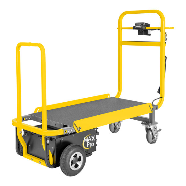 A yellow Amigo Max Pro motorized platform truck with black handlebars.