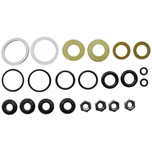A Chicago Faucets repair kit with rubber seal rings and nuts in different sizes.