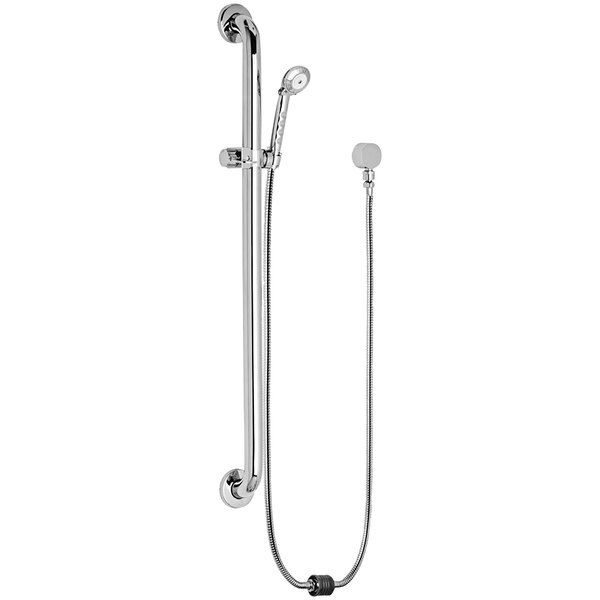 A Chicago Faucets wall-mounted shower hand spray with grab bar and hose.