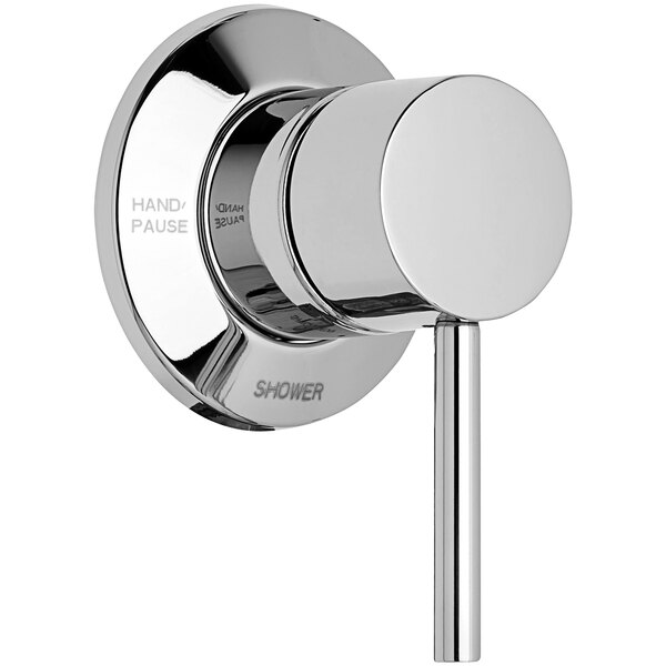 A Chicago Faucets chrome shower diverter valve with trim and a knob.