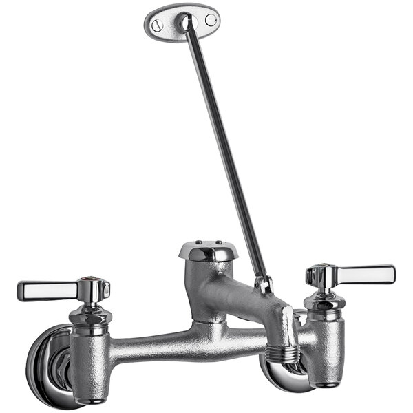 A silver Chicago Faucets wall-mounted mop sink faucet with two handles.