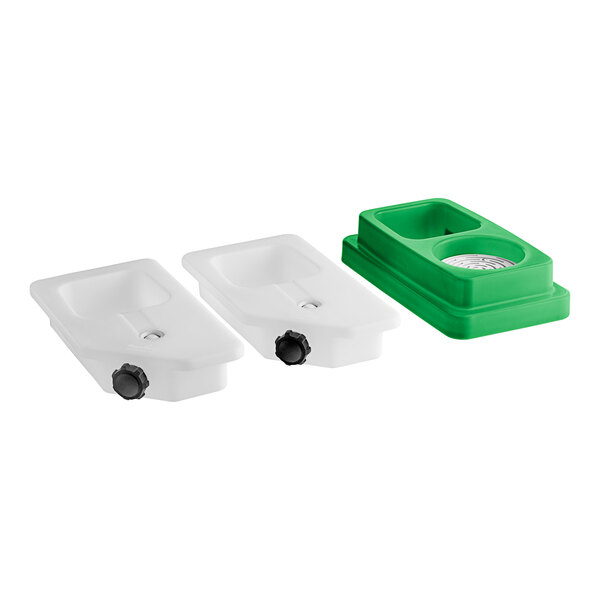 A PourAway green and white plastic container set with circular lids.