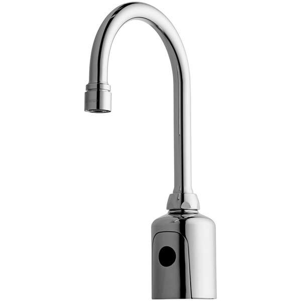 A silver Chicago Faucets touch-free faucet with a single hole and gooseneck spout.