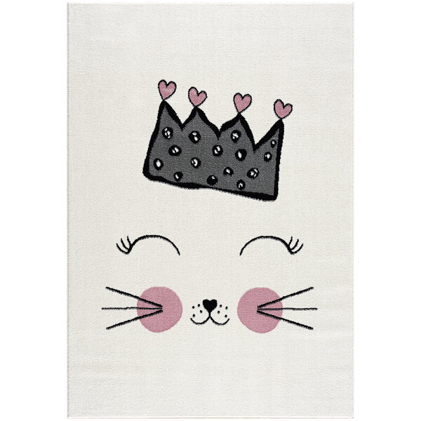 A pink and white area rug with a cat face and crown in a pink circle.