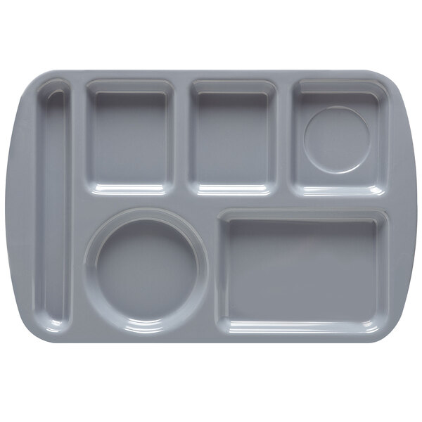 A French blue melamine tray with 6 compartments of different sizes.