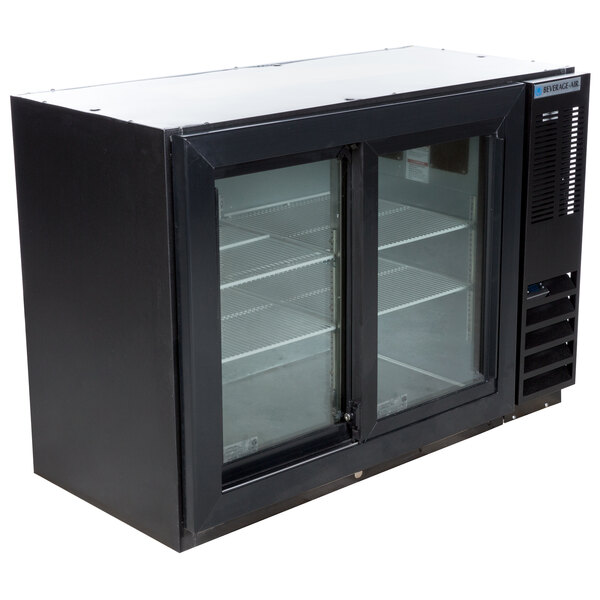 A Beverage-Air black underbar height back bar refrigerator with sliding glass doors.