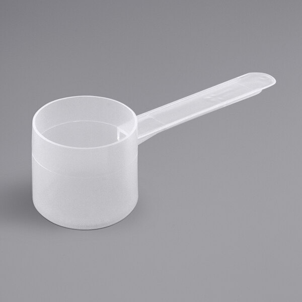 A clear plastic Polypropylene scoop with a long handle.