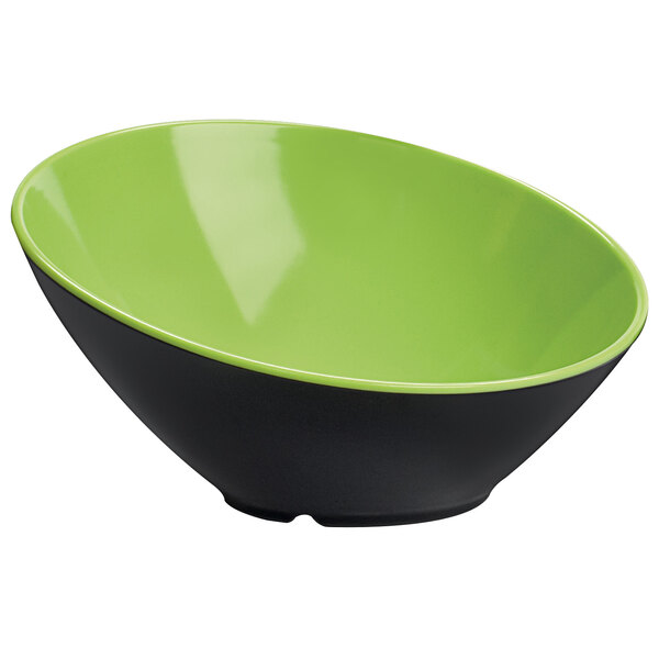 A green and black slanted melamine bowl.