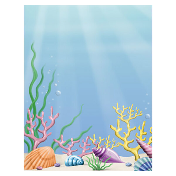 Menu paper with a white background featuring a purple coral design with green stems and sea life.