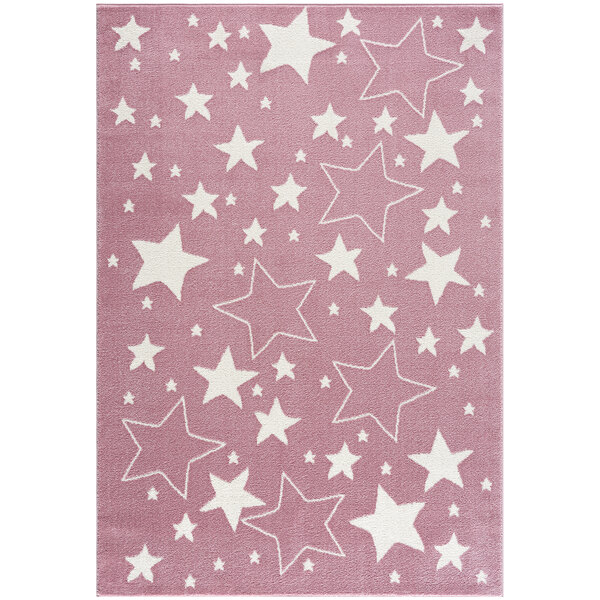 A pink rug with white stars.